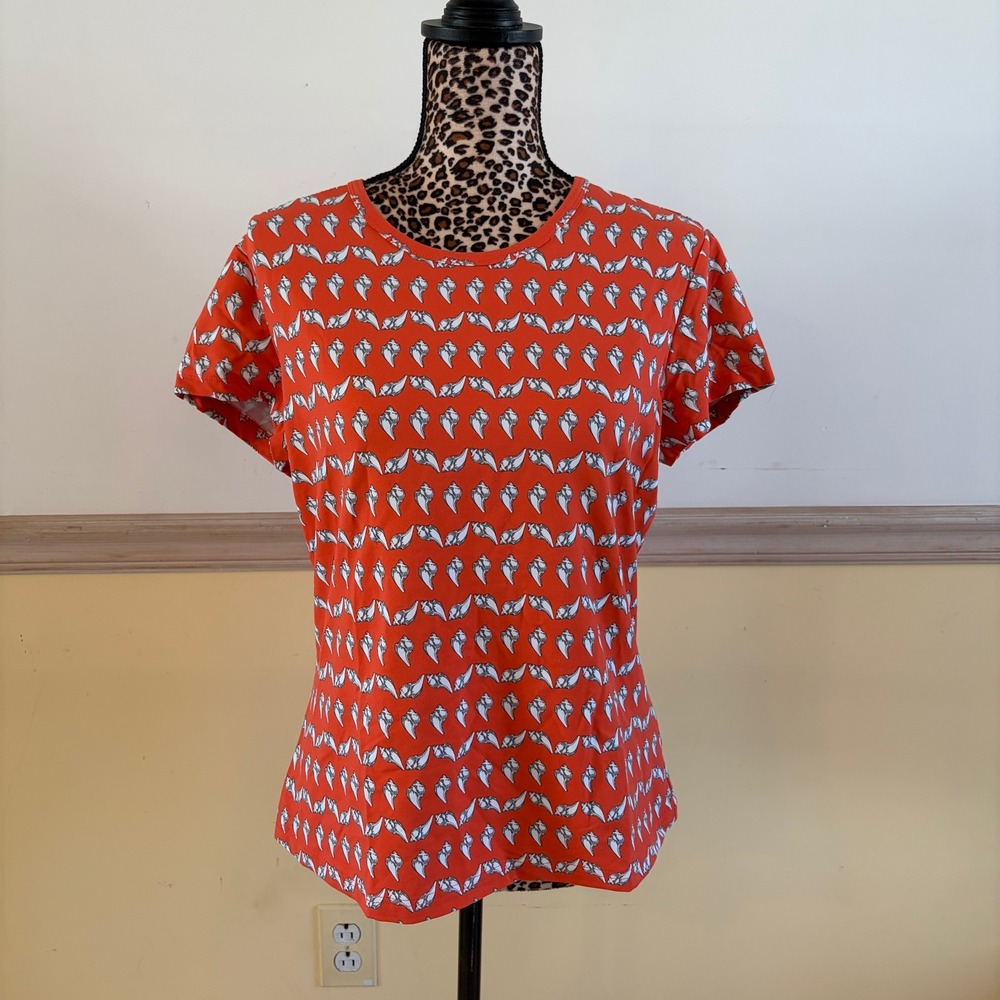 J. McLaughlin Womens Large Orange Seashell Print Short Sleeve Nylon Blend‎ Top